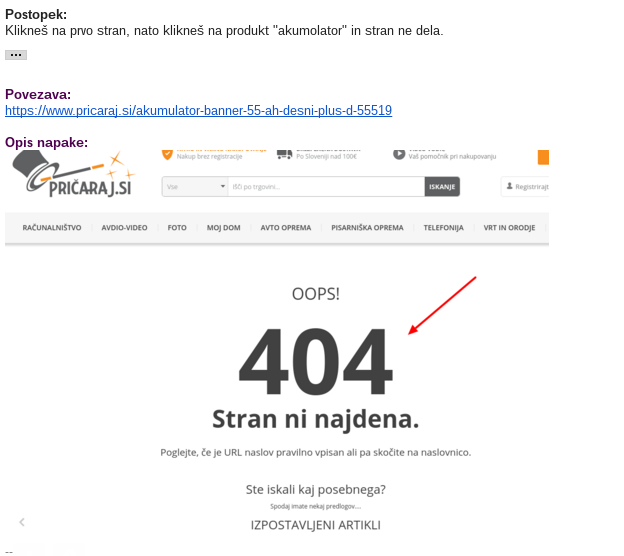 Primer dobrega poročila o napaki