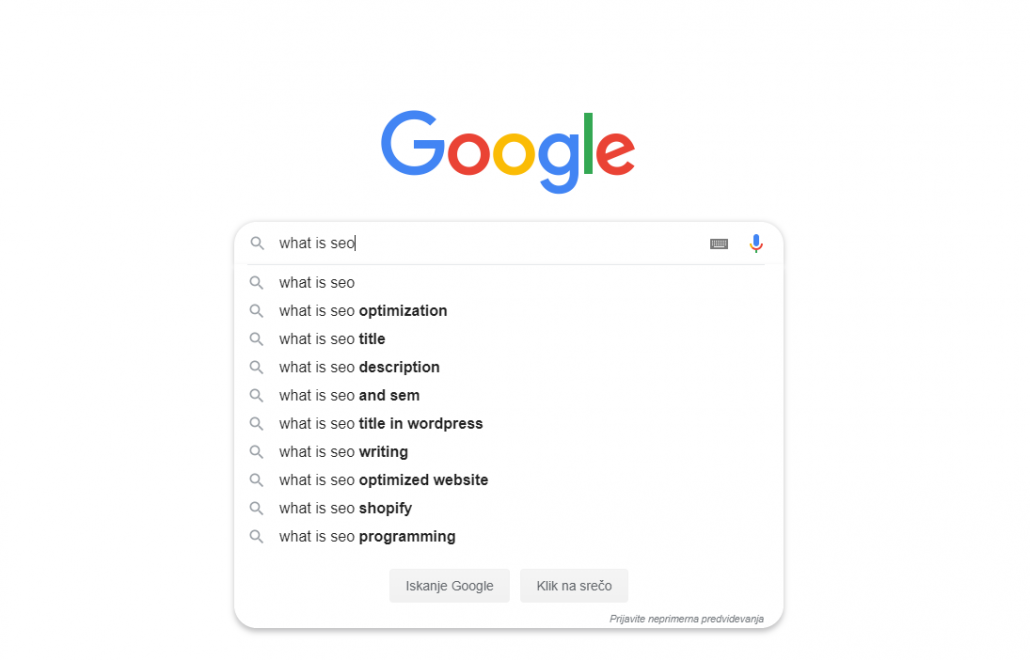 Iskalno okno s predlogi za ključne besede, povezane s SEO optimizacijo