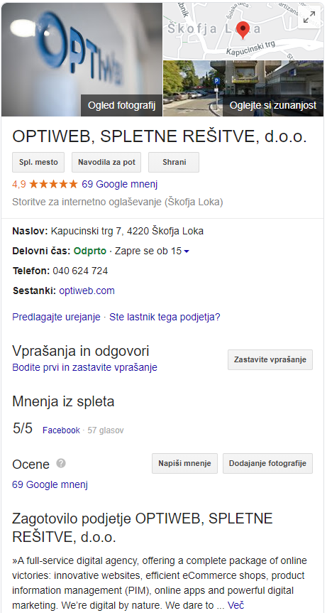 Profil Google My Business za podjetje Optiweb