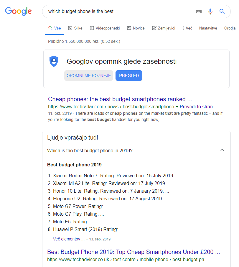 Iskalna poizvedba za pametne telefone