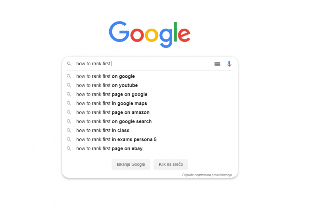 Iskalno okno z vpra&scaron;anjem, kako do prvih mest na Googlu.