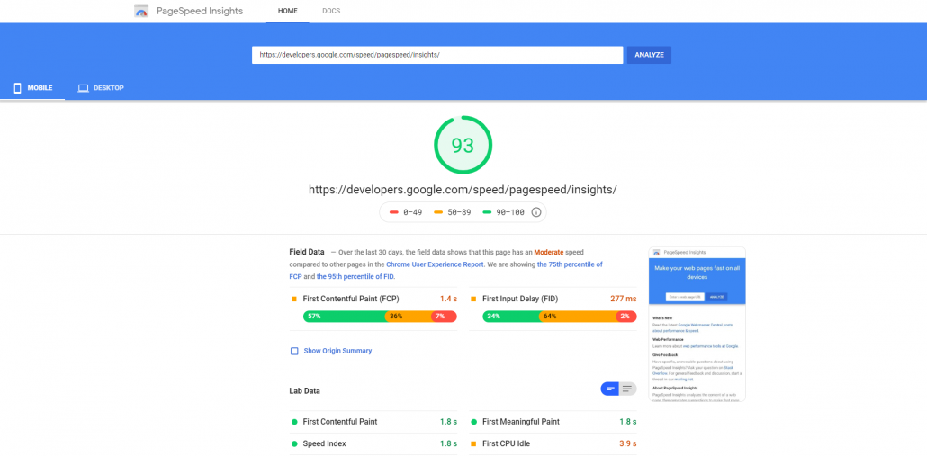 Prikaz orodja PageSpeed Insights, ki meri hitrost nalaganja spletnega mesta